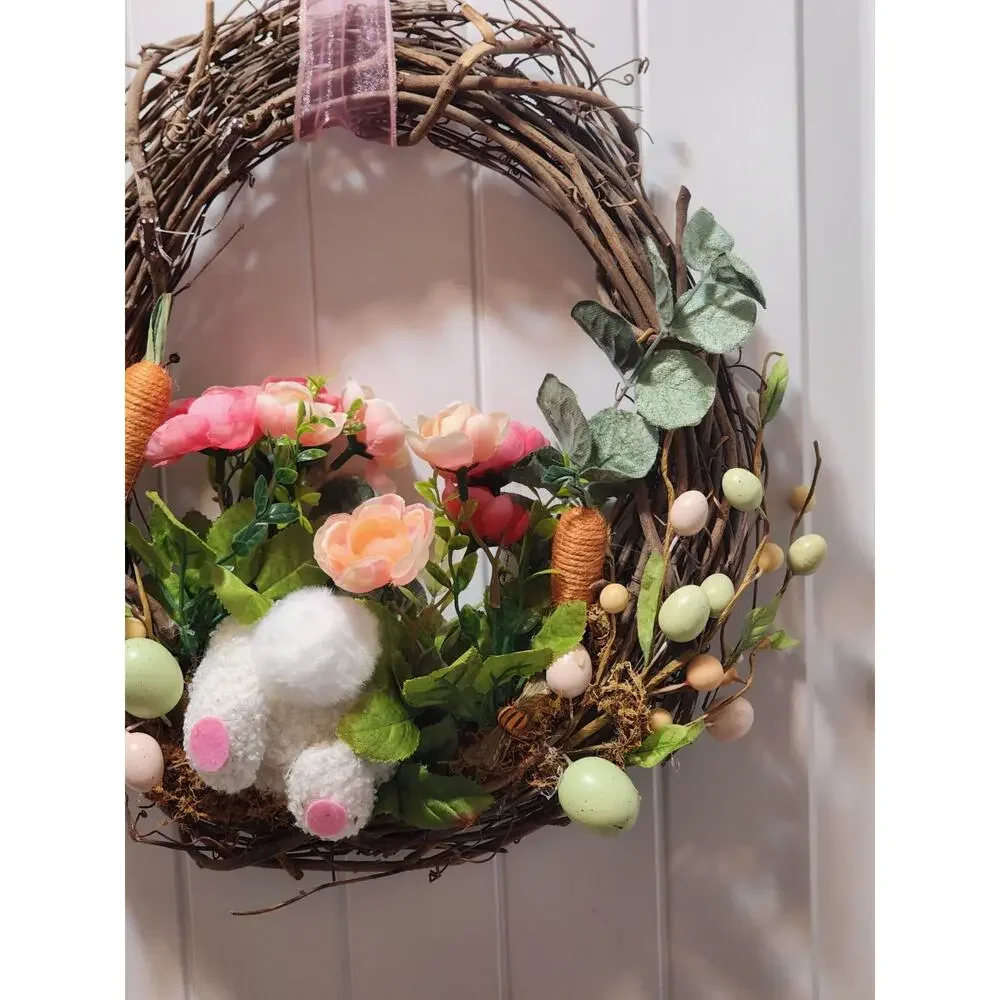 Handmade Grapevine Spring Easter Bunny Wreath Eggs Carrots Door Decor 16